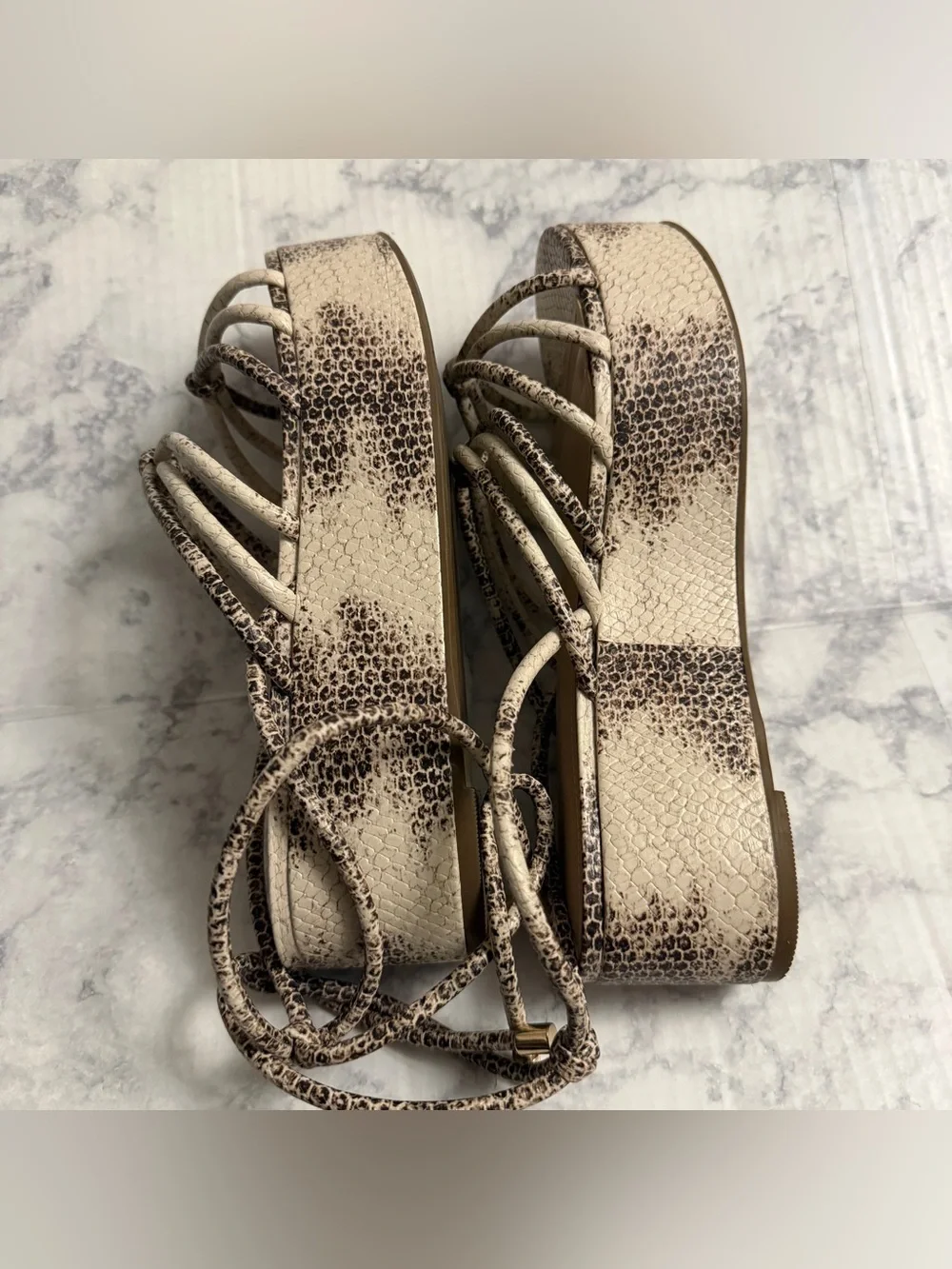 CECILIA NY Cream Snake-Print Chunky Platform Sandals Strappy Tie Summer Size 9